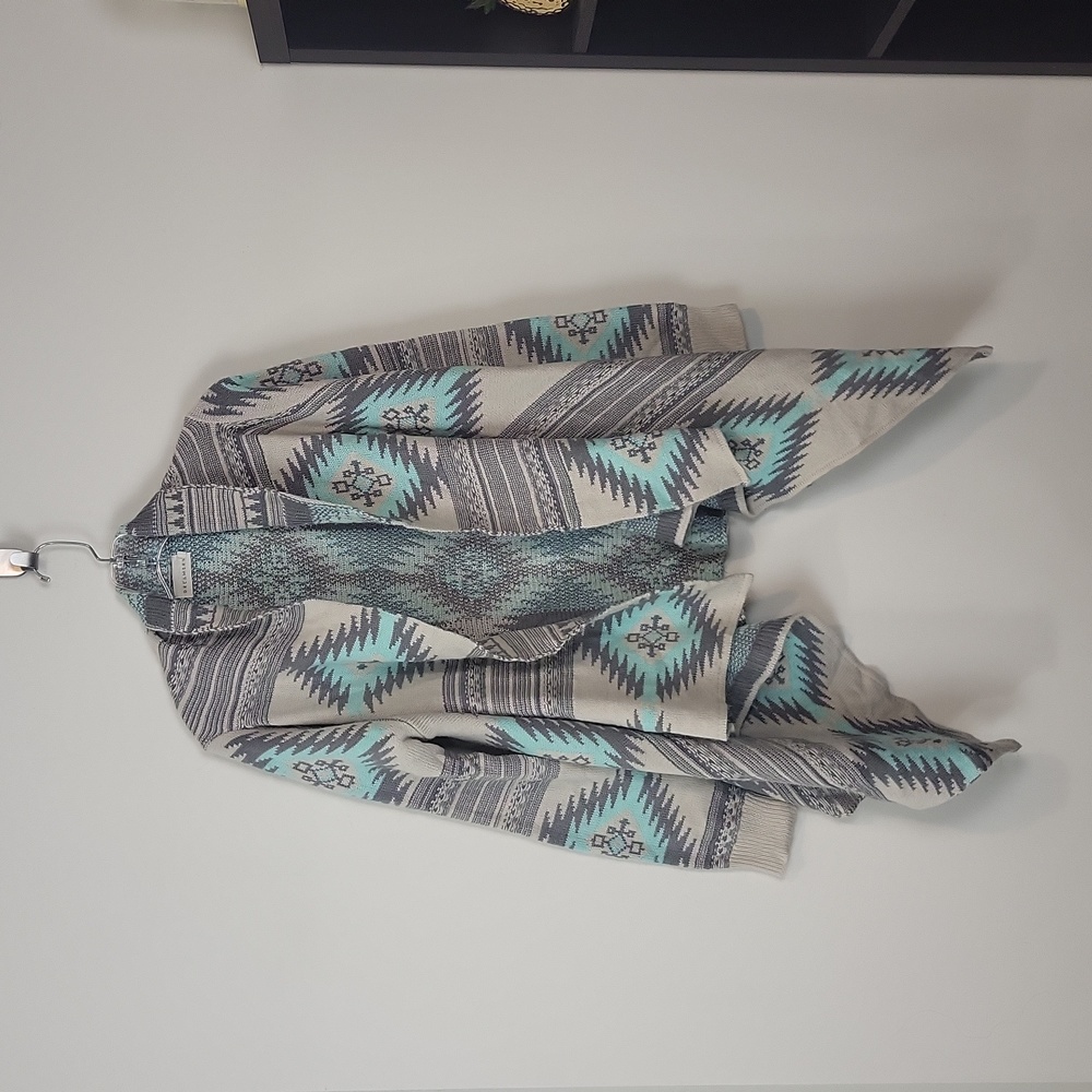 DREAMERS Gray Mint Aztec Southwestern Santa Fe Waterfall Open Cardigan